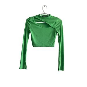 Missguided green ribbed cut out cropped mock neck‎ long sleeve shirt womens 4